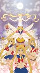  bishoujo_senshi_sailor_moon blonde_hair blue_eyes boots bow breasts choker cleavage double_bun dress elbow_gloves gloves gustav_klimt hair_ornament highres jewelry long_hair maboroshi_no_ginzuishou magical_girl medium_breasts moon multiple_girls multiple_persona ribbon sailor_moon sailor_senshi_uniform tiara tsukino_usagi twintails wand white_dress 