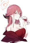  1girl absurdres alcohol aru_(blue_archive) bare_shoulders blue_archive breasts cleavage collarbone cropped_torso cup demon_horns dress drinking_glass halo highres holding holding_cup horns long_hair looking_at_viewer medium_breasts pink_hair red_dress simple_background solo strapless strapless_dress white_background wine wine_glass xiao_jian 