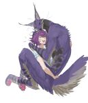  1girl 1other absurdres anger_vein animal_ears animal_feet black_tongue blue_shirt body_fur carrying carrying_person closed_eyes colored_teeth cropped_legs digitigrade full_body furrowed_brow furry hand_on_another&#039;s_head hands_up highres leviair licking licking_another&#039;s_head open_mouth original purple_fur purple_hair shirt short_hair short_sleeves simple_background solo tail tongue tongue_out whiskers white_background 
