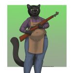 1:1 2024 absurd_res anthro apron belly big_belly big_breasts black_body black_fur black_hair bottomwear breasts clothing colored denim denim_bottomwear denim_clothing felid female fur green_eyes greying_hair gun hair hi_res jeans laura_baecker leopard long_hair looking_at_viewer m1_garand mammal mature_female navel_outline overweight overweight_female pantherine pants panzerschreckleopard ranged_weapon rifle solo weapon