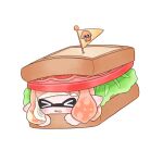 &gt;_&lt; 1girl bread bread_slice commentary food highres inkling_girl inkling_player_character lettuce long_hair orange_hair pointy_ears sandwich simple_background solo splatoon_(series) symbol-only_commentary tears tentacle_hair tomato tonbofree wavy_mouth white_background 