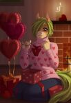 anthro balloon brown_body clothing detailed_background equid equine gift green_eyes green_hair hair hi_res horse il&#039;ka inflatable male mammal pink_clothing solo sweater tail topwear