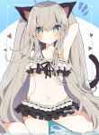  0v0xxx 1girl :o ahoge animal_ears argyle argyle_background arm_at_side arm_up bikini bikini_skirt black_bikini blue_eyes blush cat_ears cat_girl cat_tail collarbone crossed_bangs flat_chest frilled_bikini frills grey_hair hair_between_eyes hand_in_own_hair heart highres inset_border legs_apart long_hair looking_at_viewer notice_lines original parted_lips sidelocks sitting solo swimsuit tail thighs twintails twitter_username very_long_hair wariza 