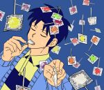  1boy blue_background blue_cardigan blue_hair blue_shirt candy candy_wrapper cardigan closed_eyes collared_shirt commentary_request food food_in_mouth fukumoto_mahjong holding holding_candy holding_food holding_lollipop igawa_hiroyuki lollipop male_focus medium_bangs open_mouth parted_bangs shirt short_hair solo striped_clothes striped_shirt ten_(manga) ttotto upper_body yellow_shirt 