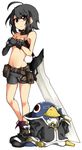  alternate_costume asagiri_asagi auru_t belt beltbra bike_shorts black_hair black_shorts brown_eyes choker cosplay disgaea female_warrior_(disgaea) female_warrior_(disgaea)_(cosplay) full_body glasses gloves hands_together huge_weapon navel nippon_ichi prinny short_hair shorts standing sword weapon 