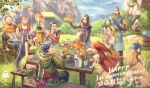  anbe_yoshirou armband barrel belt blue_eyes blue_hair bracelet braid braided_ponytail camus_(dq11) character_request dog dragon_quest dragon_quest_xi everyone hair_ribbon hero_(dq11) high_braid highres jewelry long_hair martina_(dq11) maya_(dq11) multiple_boys multiple_girls open_mouth red_vest ribbon scarf senya_(dq11) shorts single_braid slime_(dragon_quest) smile veronica_(dq11) vest 