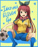  ball blush breasts copyright_name fang green_eyes hair_ribbon hair_tubes inazuma_eleven_(series) inazuma_eleven_go lightning_bolt long_hair marimo_danshaku medium_breasts open_mouth raimon raimon_soccer_uniform red_hair ribbon seto_midori soccer_ball soccer_uniform solo sportswear telstar 