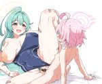  2girls ahoge bandaid bandaid_on_arm bandaid_on_leg black_one-piece_swimsuit blue_archive blush breasts clearite completely_nude female_pubic_hair futa_with_female futanari green_hair halo hoshino_(blue_archive) hoshino_(young)_(blue_archive) inverted_nipples knee_up large_breasts long_hair multiple_girls nipples nude one-piece_swimsuit one_breast_out open_mouth penis pink_hair pink_halo pubic_hair pussy sex short_hair sitting small_breasts smile spread_legs swimsuit vaginal yellow_eyes yellow_halo yume_(blue_archive) 
