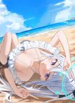  1girl absurdres alpha_beast bare_arms bare_legs bare_shoulders beach black_one-piece_swimsuit blue_archive blue_halo blush casual_one-piece_swimsuit commentary day frilled_one-piece_swimsuit frills grey_hair halo highres long_hair miyako_(blue_archive) miyako_(swimsuit)_(blue_archive) ocean off-shoulder_one-piece_swimsuit off_shoulder official_alternate_costume official_alternate_hairstyle one-piece_swimsuit open_mouth outdoors ponytail purple_eyes solo swimsuit 