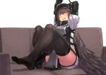  1girl ahoge arknights ass beret bird_girl black_gloves black_headwear black_thighhighs blush brown_hair cloak commentary_request couch crossed_ankles feather_cape feather_hair feet garter_straps gloves grey_shirt hair_between_eyes hat highres infection_monitor_(arknights) looking_at_viewer no_shoes on_couch open_mouth plume_(arknights) shirt sitting solo thighhighs thighs twitter_username wavy_mouth yamauchi_(conan-comy) yellow_eyes 