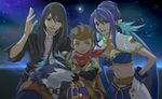  2boys blue_hair breasts dog gloves judith karol_capel kiseru medium_breasts midriff multiple_boys pipe pointy_ears red_eyes repede smile smoking tales_of_(series) tales_of_vesperia yuri_lowell yuyo 