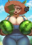 2024 anthro artist_name big_breasts biped blurred_background breasts clothed clothing cloud dialogue digital_media_(artwork) eeveelution english_text eyebrows female food freckles front_view fruit gammainks generation_4_pokemon green_eyebrows hair hi_res huge_breasts leafeon looking_at_viewer malon_(gammainks) melon nintendo open_mouth outside plant pokemon pokemon_(species) solo text watermelon