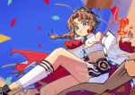  1girl :p absurdres armpit_crease bandaged_hand bandages blue_eyes bodypaint braid brown_hair confetti earrings fire hand_on_own_chin highres jacket jewelry long_hair looking_at_viewer midriff navel off_shoulder reverse:1999 sanjuqing&#039;an sitting socks solo sparkle spathodea_(reverse:1999) tassel tassel_earrings tongue tongue_out white_jacket 