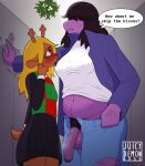 anthro blonde_hair brown_body brown_fur brown_hair clothed clothing deer deltarune dinosaur duo female foreskin fur genitals gynomorph hair hi_res intersex intersex/female juicydemon mammal musk musk_clouds noelle_holiday partially_clothed penis purple_body reptile scalie size_difference slightly_chubby speech_bubble susie_(deltarune) text undertale_(series)