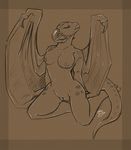  blue_eyes breasts brown_background dragon female frostdragon horn kneeling necrodrone_(character) nipples plain_background pussy scalie solo tial wings 