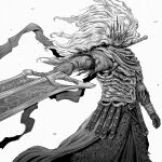  1boy armor belt commentary crown dark_souls_(series) dark_souls_iii english_commentary highres holding holding_sword holding_weapon long_hair male_focus menaslg nameless_king simple_background solo standing sword weapon white_background white_hair 
