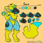 anthro blue_body blue_claws blue_face blue_horn blue_pawpads claws fred8009 fur hi_res horn machine male model_sheet pawpads protogen reference_to_character suntheprotogen visor yellow_body yellow_fur