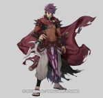  1boy abs baggy_pants bodystocking cape copyright_name dagger deen_(fire_emblem_gaiden) deen_(hatari)_(fire_emblem_gaiden) fire_emblem fire_emblem_heroes holding holding_dagger holding_knife holding_weapon knife muscular muscular_male official_alternate_costume official_art p-nekor pants pectorals purple_hair sandals torn_cape torn_clothes weapon 