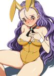  1girl animal_ears breasts closed_mouth fake_animal_ears furrowed_brow hair_between_eyes hairband highres leotard lisa_(princess_maker) long_hair loose_hair_strand medium_breasts muramasa_mikado playboy_bunny princess_maker_(series) princess_maker_3 purple_hair rabbit_ears red_eyes shadow simple_background solo strapless strapless_leotard thighs wavy_hair white_background white_wrist_cuffs wrist_cuffs yellow_hairband yellow_leotard 