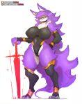 anthro big_breasts black_clothing breasts camel_toe canid canine canis clothed clothing erect_nipples female fingerless_gloves fur girlsay gloves handwear hi_res legwear mammal melee_weapon nipple_outline nipples purple_body purple_fur rae_(girlsay) skimpy solo standing sword thick_thighs thigh_highs thong underwear weapon white_body wide_hips wolf yellow_eyes