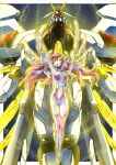  1girl blue_eyes bodysuit breasts gloves glowing glowing_eyes gundam gundam_seed gundam_seed_freedom hair_between_eyes hair_ornament highres lacus_clyne light_particles long_hair mecha mighty_strike_freedom_gundam mobile_suit normal_suit open_mouth pilot_suit pink_hair robot science_fiction taiga_hiroyuki v-fin very_long_hair weapon yellow_eyes 