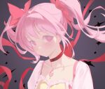  1girl collarbone dress grey_background hair_ribbon highres kaname_madoka looking_at_viewer looshue magical_girl mahou_shoujo_madoka_magica mahou_shoujo_madoka_magica_(anime) neck_ribbon pink_dress pink_eyes pink_hair red_ribbon ribbon short_hair short_twintails smile solo soul_gem twintails 
