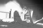  1boy 1girl backlighting barefoot bed book braid chair cigarette curtains desk dress greyscale indoors itooooofu8282 lamp long_hair lying monochrome on_bed on_stomach original reading smoking the_pose window 