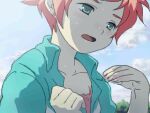  1girl alternate_costume blue_dress commentary_request dress earrings green_eyes jewelry kumatora lowres mother_(game) mother_3 open_mouth outdoors pink_eyebrows pink_hair red_shorts senntakuya shirt short_hair shorts solo 