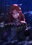  1girl absurdres black_gloves brown_hair dirty dirty_clothes dirty_face dress ear_covers gloves green_dress highres king_halo_(umamusume) kisaragi1304 looking_at_viewer medium_hair rain smile solo tears umamusume upper_body 