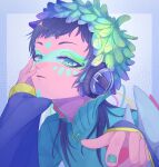  1other aqua_hair artist_name blue_eyes blue_feathers carua_gyuunyuu eyelashes facepaint feathers gnosia green_eyes green_feathers highres looking_at_viewer multicolored_clothes outline purple_feathers raqio simple_background solo upper_body white_background 