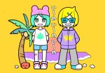  2others animal_hat aqua_eyes aqua_footwear aqua_hair arms_behind_back bandaid bandaid_on_knee bandaid_on_leg blonde_hair closed_mouth coconut coconut_tree crab gomasio_ny grey_pants hands_in_pockets hat hood hood_down hoodie i_(neru) i~ya_i~ya_i~ya_(vocaloid) light_blush looking_at_viewer multiple_others open_mouth palm_tree pants parody pink_bracelet pink_footwear pink_headwear print_shirt purple_hoodie seashell shell shirt short_hair shutter_shades simple_background smile song_name style_parody sun swept_bangs teeth terada_tera_(style) tree water white_shirt yaya_(neru) yellow_background zipper 