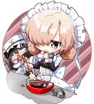  2girls azur_lane black_hair black_thighhighs blonde_hair chibi chocolate chocolate_making chocolate_mold coat collar cross food_on_hand frills hair_over_one_eye hair_rings hat heart_mold kado_(hametunoasioto) maid maid_headdress metal_collar multiple_girls pamiat_merkuria_(azur_lane) peaked_cap sheffield_(azur_lane) thighhighs valentine white_coat white_headwear yellow_eyes 