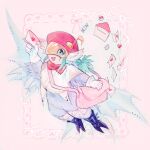  1girl absurdres bird_girl bow bowtie digimon digimon_(creature) eye_mask green_eyes green_hair highres holding holding_letter letter medium_hair ponytail sirenmon twitter_username valentine zeroarmsgrani 