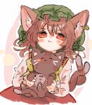  1girl :t animal animal_ear_piercing animal_ears blush_stickers brown_hair cat cat_ears cat_tail chen commentary_request dutch_angle earrings green_headwear hair_between_eyes hat holding holding_animal holding_cat jewelry juliet_sleeves long_sleeves looking_at_viewer medium_hair mob_cap multiple_tails nekomata outline pout puffy_sleeves red_eyes simple_background single_earring solo sunnyagi906 tail touhou two_tails upper_body white_background white_outline 