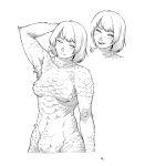  1girl absurdres alternate_universe arm_at_side arm_behind_head armpits blush bob_cut body_fur breasts closed_eyes closed_mouth completely_nude cropped_torso dragon_(remains)_(dungeon_meshi) dungeon_meshi english_commentary facing_viewer falin_thorden fangs fusion greyscale half-closed_eyes heavy_breathing highres looking_at_viewer monochrome monster_girl multiple_views navel nose_blush nude short_hair slit_pupils spoilers teecee_zhang 