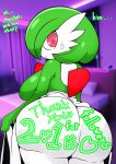 absurd_res bed bedroom big_breasts big_butt bodily_fluids breasts butt cheek_tuft chest_spike clothing dress english_text exposed_butt facial_tuft female frown furniture furry_funnychan gardevoir generation_3_pokemon green_hair hair hi_res huge_butt inside looking_at_viewer looking_back looking_back_at_viewer mouth_closed nintendo pink_eyes pink_pupils pokemon pokemon_(species) pseudo_clothing pupils rear_view short_hair side_boob spikes spikes_(anatomy) sweat sweatdrop talking_to_viewer text thick_thighs tuft white_body white_clothing white_dress white_skin wide_hips