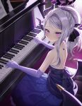  1girl backless_dress backless_outfit blue_archive chanpower233 closed_mouth commentary demon_girl demon_horns demon_wings dress elbow_gloves gloves grey_hair halo highres hina_(blue_archive) hina_(dress)_(blue_archive) horns instrument long_dress looking_at_viewer music official_alternate_costume piano playing_instrument purple_dress purple_eyes purple_gloves purple_halo smile solo strapless strapless_dress wings 