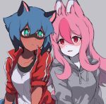  2girls absurdres animal_ears animal_nose blue_hair body_fur brand_new_animal brown_fur fox_ears fox_girl furry furry_female furry_with_furry grey_background grey_sweater highres hiwatashi_nazuna jacket kagemori_michiru long_hair looking_at_viewer multiple_girls open_mouth pink_fur pink_hair raccoon_ears raccoon_girl raccoon_nose red_eyes red_jacket shirt short_hair simple_background snout sweater takatisakana tanuki track_jacket white_fur white_shirt 