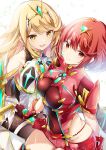  2girls bare_shoulders blonde_hair breasts chest_jewel earrings highres impossible_clothes jewelry multiple_girls mythra_(xenoblade) open_mouth pyra_(xenoblade) red_eyes red_hair star_(symbol) star_earrings swept_bangs thigh_strap tiara ui_frara xenoblade_chronicles_(series) xenoblade_chronicles_2 yellow_eyes 
