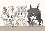  1boy 2girls :3 afterimage ahoge black_dragon_(kemono_friends) captain_(kemono_friends) chibi closed_mouth coat dragon_ears dragon_horns fine_art_parody fingerless_gloves gloves greyscale hair_between_eyes helmet horns kemono_friends kemono_friends_3 long_hair looking_at_another medium_hair meme midoribox monochrome motion_lines multicolored_hair multiple_girls open_clothes open_coat open_mouth parody pith_helmet shirt short_hair side-by-side smile stethoscope the_weaker_sex_1_(gibson) upper_body white_dragon_(kemono_friends) 