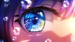  1girl ajisai_nagi blue_eyes blurry blurry_foreground close-up eye_focus highres indie_virtual_youtuber kazeno purple_hair reflection solo virtual_youtuber water_drop 