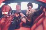  1girl assault_rifle black_gloves black_jacket black_necktie braid brown_eyes brown_hair car eyepatch girls&#039;_frontline gloves gun highres jacket long_hair looking_at_viewer m16 m16a1 m16a1_(girls&#039;_frontline) mole mole_under_eye motor_vehicle multicolored_hair necktie off_shoulder open_mouth rifle scar shirt smile weapon xanax025 yellow_shirt 