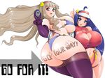  2girls amano_taiki ass bare_shoulders bikini blue_eyes blue_hair body_writing breasts brown_eyes cap chronometer curvy elbow_gloves female gloves hair_ornament hat hips huge_ass huge_breasts idolmaster long_hair miura_azusa multiple_girls navel open_mouth plump shi_osuta_ooyake shijou_takane sideboob silver_hair simple_background swimsuit thighhighs thighs thong very_long_hair wide_hips 