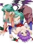  2girls animal_print ass bare_shoulders bat_print black_leotard blue_pantyhose breasts bridal_gauntlets cleavage diamond_cutout gesso green_eyes green_hair head_wings highres leotard lilith_aensland long_hair looking_at_viewer lying morrigan_aensland multiple_girls pantyhose print_pantyhose purple_hair red_eyes red_leotard simple_background smile strapless strapless_leotard vampire_(game) white_background wings yuri 