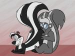 anthro ass_up black_body black_fur butt butt_sniffing crossed_arms duo eyewear fluffy fluffy_tail fur glasses grey_body grey_fur hi_res holding_butt joesanchez looking_pleasured looney_tunes male male/male mammal mephitid nude pepe_le_pew raised_tail skunk skunk_tail smile smirk sniffing tail warner_brothers white_body white_fur