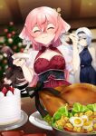  3girls ^_^ alternate_costume antlers bare_shoulders belt black_belt black_hairband blue_hair blue_sweater blurry blurry_background blush breasts brown_coat brown_hair cake china_dress chinese_clothes chocolate christmas christmas_tree cleavage closed_eyes coat deer_antlers dress eating egg_(food) elbow_gloves eula_(genshin_impact) food fruit genshin_impact gloves grapes hair_between_eyes hair_ornament hairband holding holding_plate horns hu_tao_(genshin_impact) indoors leaning_forward long_hair looking_at_another medium_hair multicolored_hair multiple_girls pink_hair plate red_dress short_sleeves sitting sparks strawberry sweater sweater_dress table turkey_(food) twintails two-tone_hair yanfei_(genshin_impact) yellow_eyes zenzai_tarou 