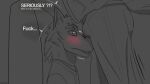 anthro blush blush_lines bulge_in_face canid clothed clothing duo embarrassed english_text falling fully_clothed fur hi_res looking_at_bulge male male/male mammal monochrome musk open_mouth side_view simple_background sitting sketch smile sniffing solo_focus tail text tongue tongue_out wheatleyy