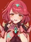  1girl absurdres black_gloves breasts chest_jewel chocolate fingerless_gloves food gloves highres holding holding_chocolate holding_food looking_at_viewer norimaki_(nrmk_norinori) open_mouth pyra_(xenoblade) red_background red_hair smile solo swept_bangs tiara upper_body valentine xenoblade_chronicles_(series) xenoblade_chronicles_2 