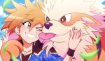  1boy affectionate arcanine blonde_hair blue_jacket blue_oak blue_oak_(sygna_suit) blurry blush brown_eyes cloud commentary_request day depth_of_field falling_leaves grin hand_up highres inglebard jacket jewelry leaf licking licking_another&#039;s_face male_focus necklace official_alternate_costume outdoors pokemon pokemon_masters_ex shirt short_hair sky smile spiked_hair teeth upper_body wristband 