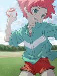  1girl alternate_costume ball blue_dress commentary_request dress earrings green_eyes jewelry kumatora lowres mother_(game) mother_3 outdoors pink_eyebrows pink_hair red_shorts senntakuya shirt short_hair shorts solo 
